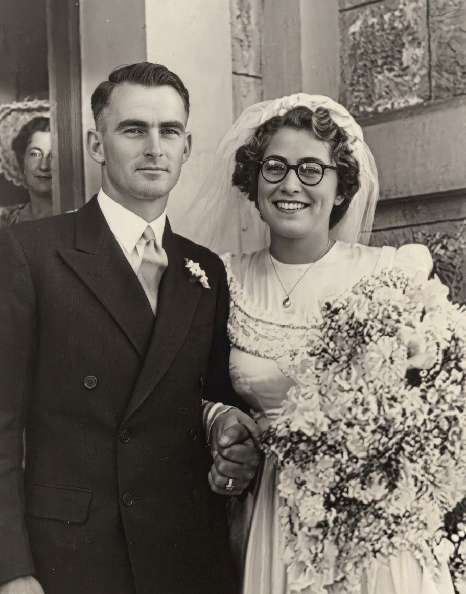 Murray John Telfer and Shirley Edna Parker formal wedding portrait, 18 February 1950, at Prospect Church of Christ — Shirley in her lace-trimmed gown, veil, and round glasses beaming; Murray in double-breasted suit with boutonnière, an older woman watching in background